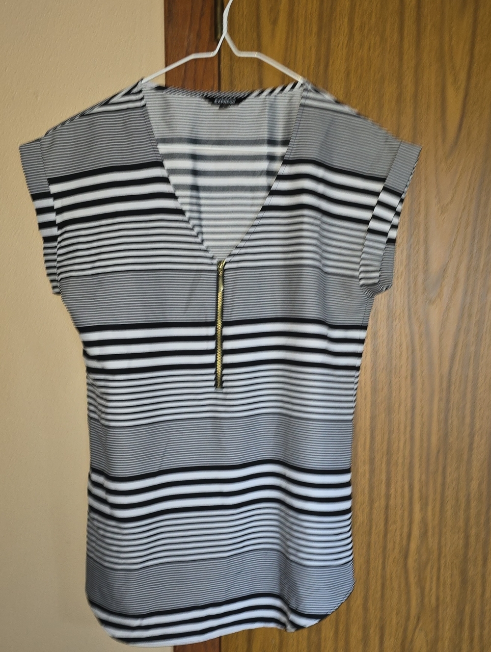 Express Black and White Striped Top with Label Detail